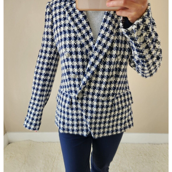 NWOT L'AGENCE Kenzie Double Breasted Tweed Plaid Blazer Size 2 Blue White #1M452 - Picture 2 of 13